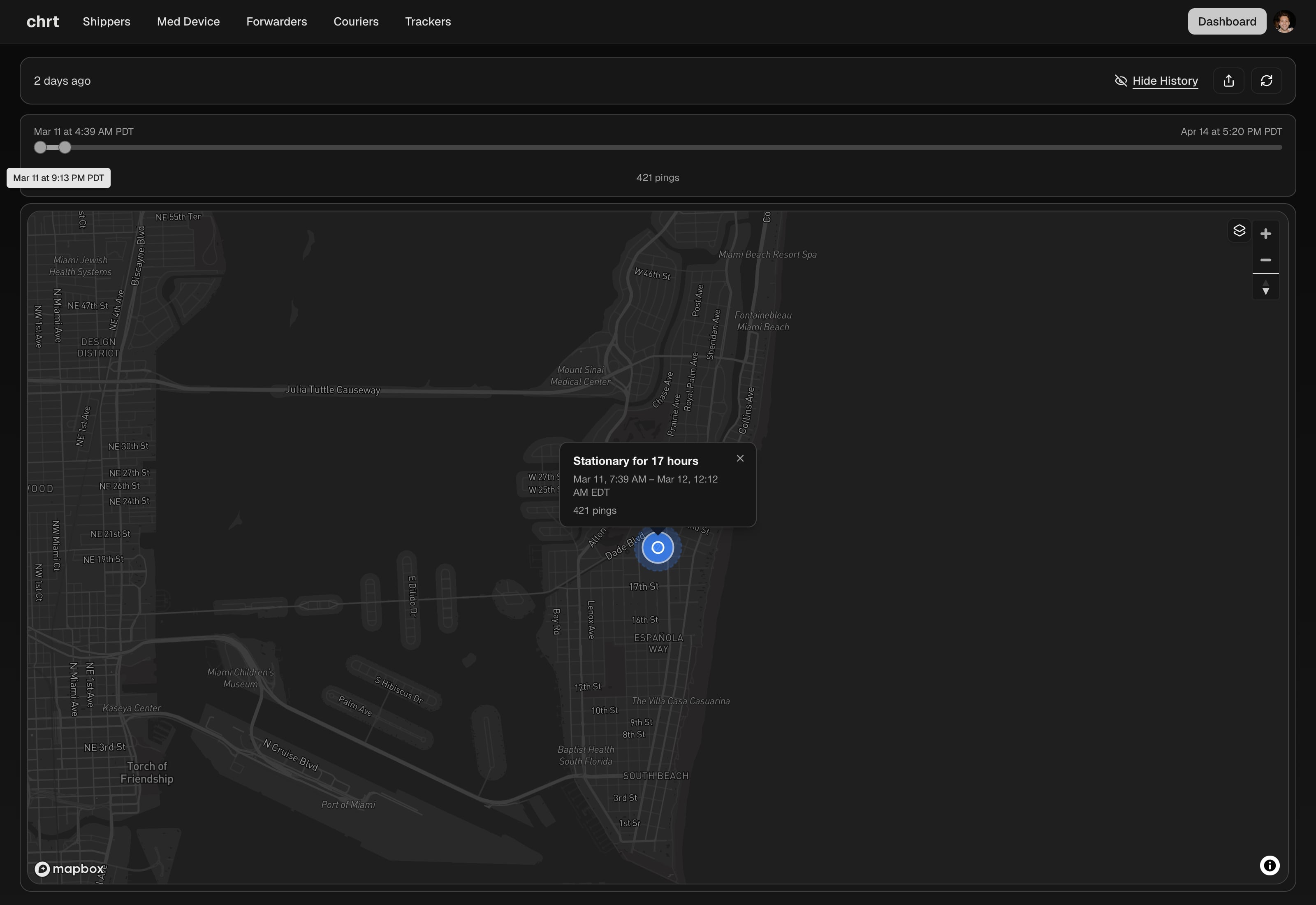 CHRT platform dashboard showing a tracker map with a device last seen location in dark mode
