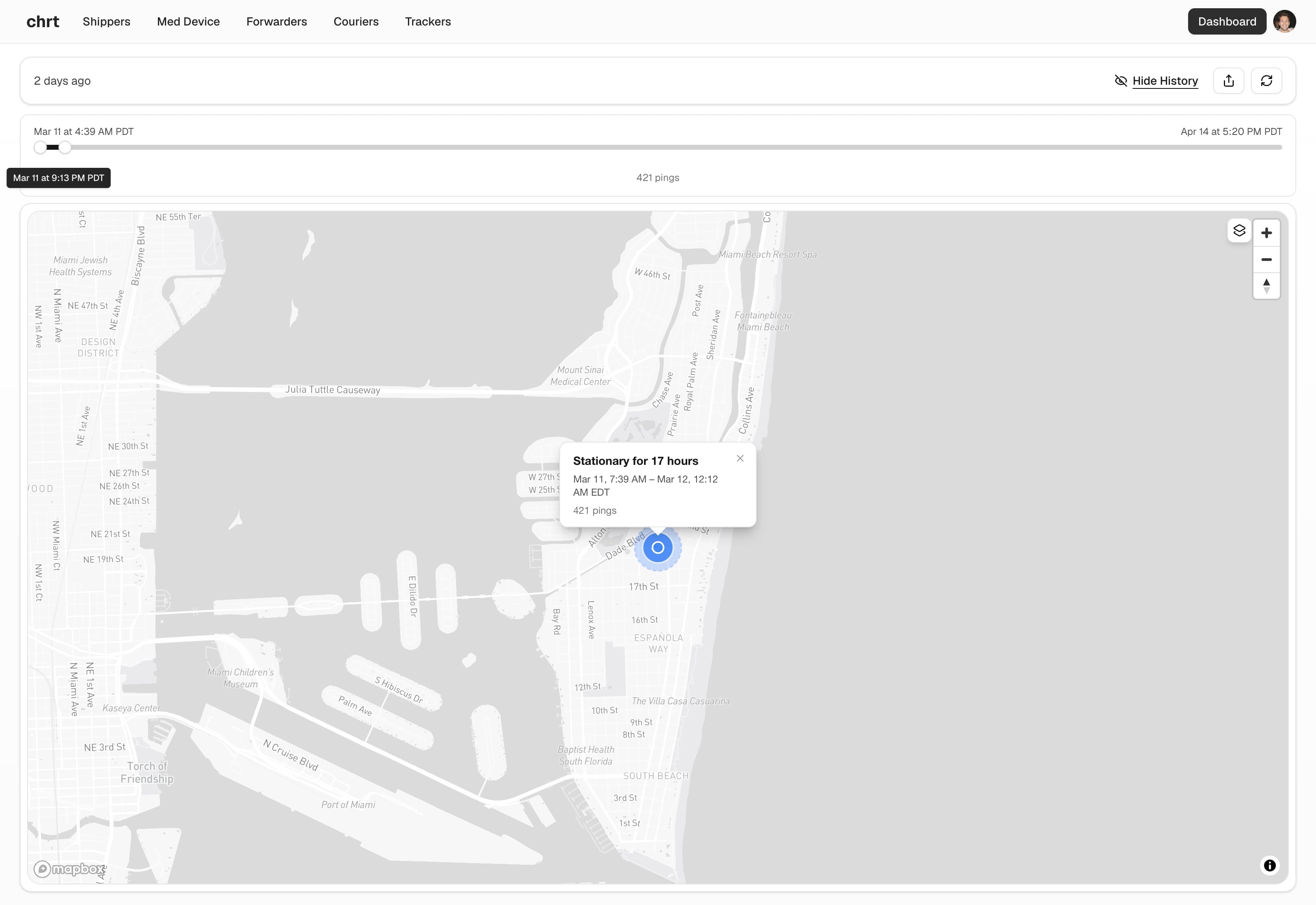 CHRT platform dashboard showing a tracker map with a device last seen location