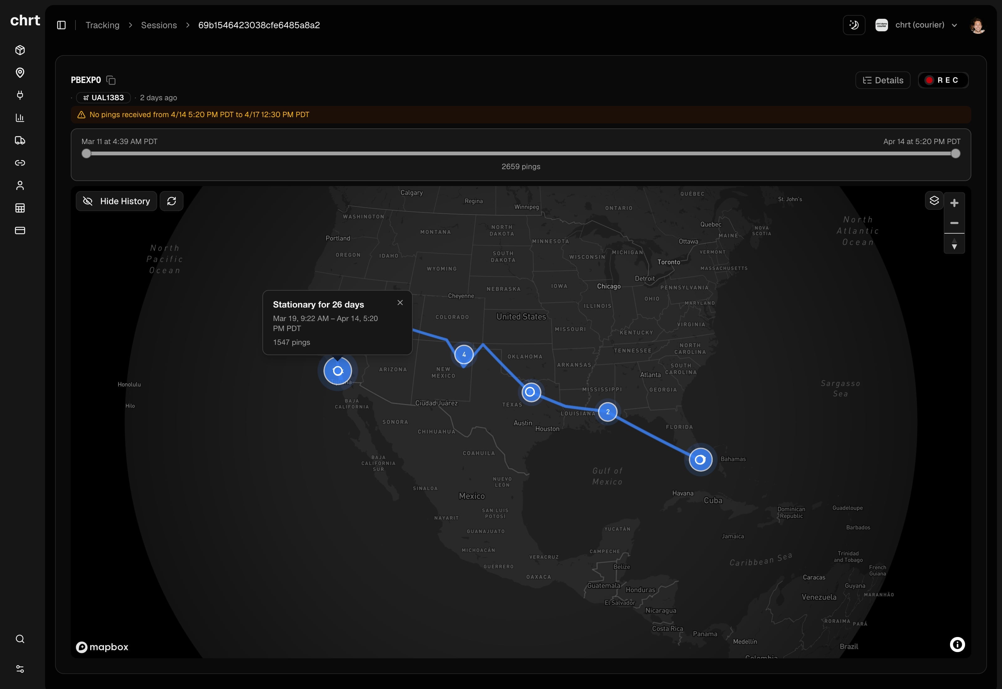 CHRT platform dashboard showing order creation interface with map, pickup and delivery details in dark mode