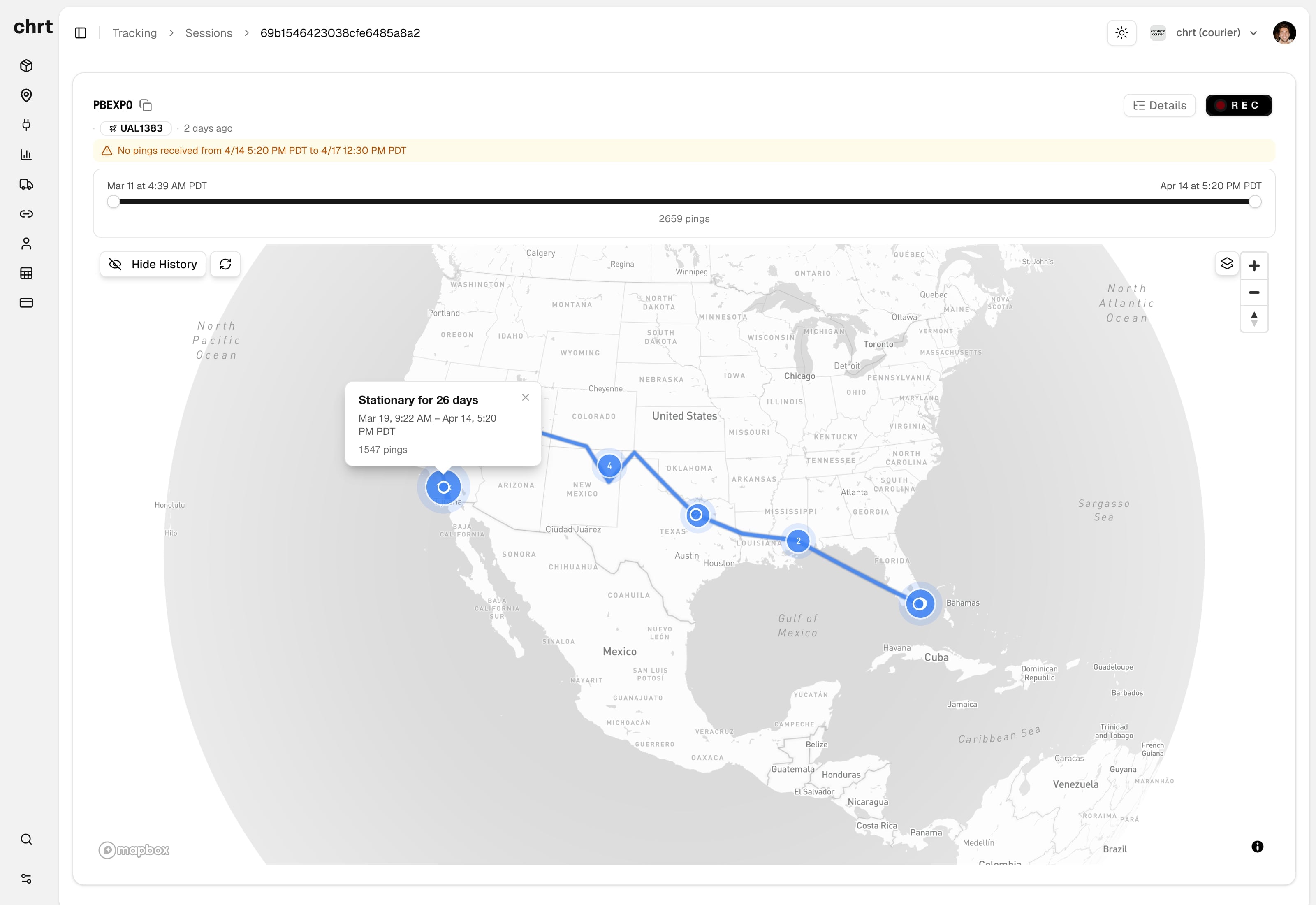CHRT platform dashboard showing order creation interface with map, pickup and delivery details