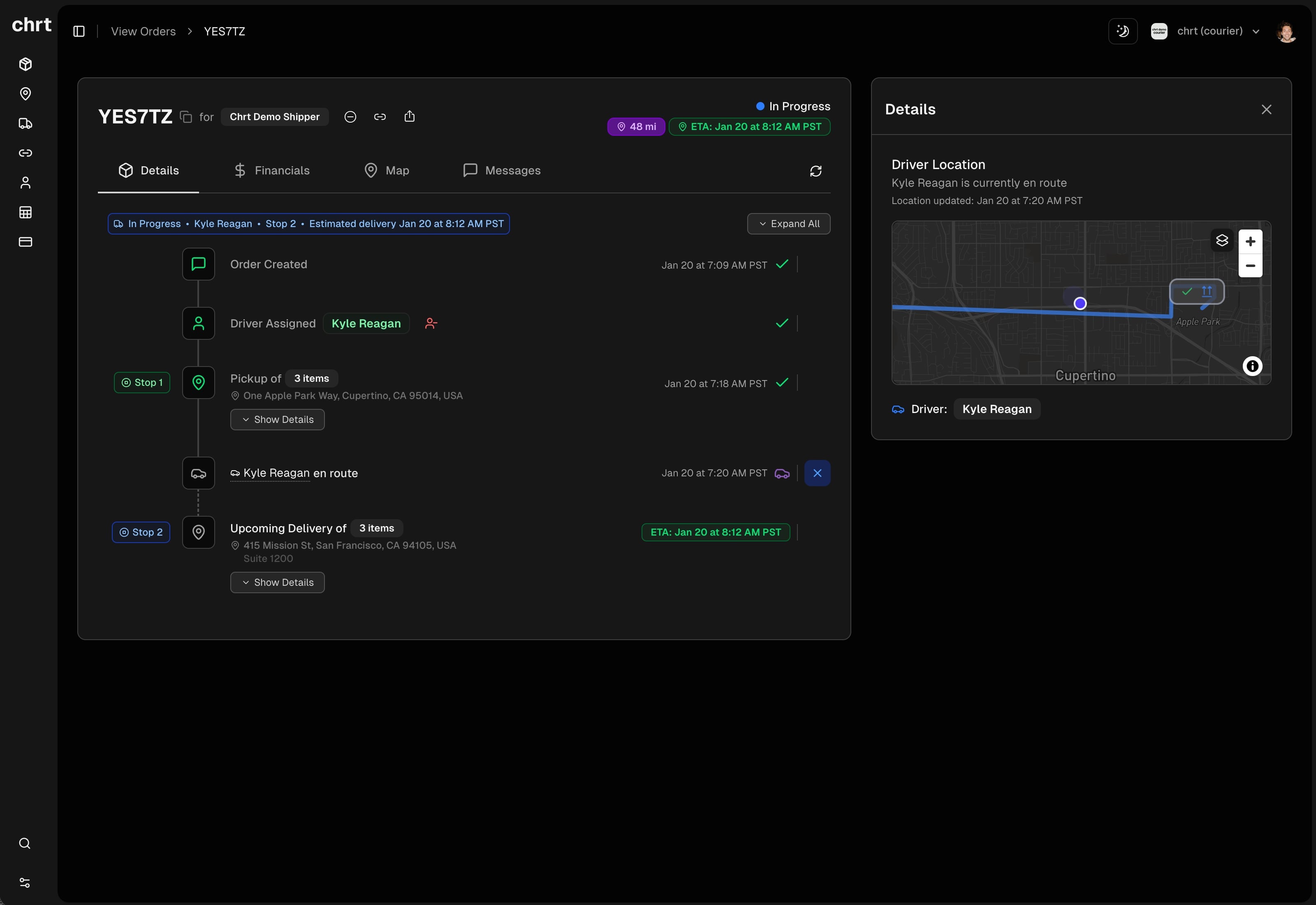 CHRT platform showing order tracking with live driver location and route details in dark mode