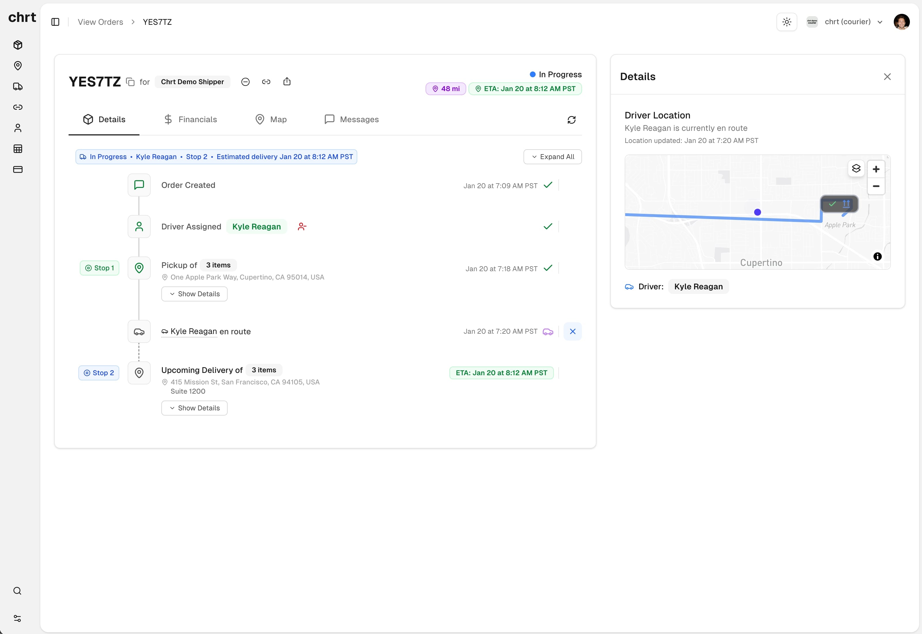 CHRT platform showing order tracking with live driver location and route details